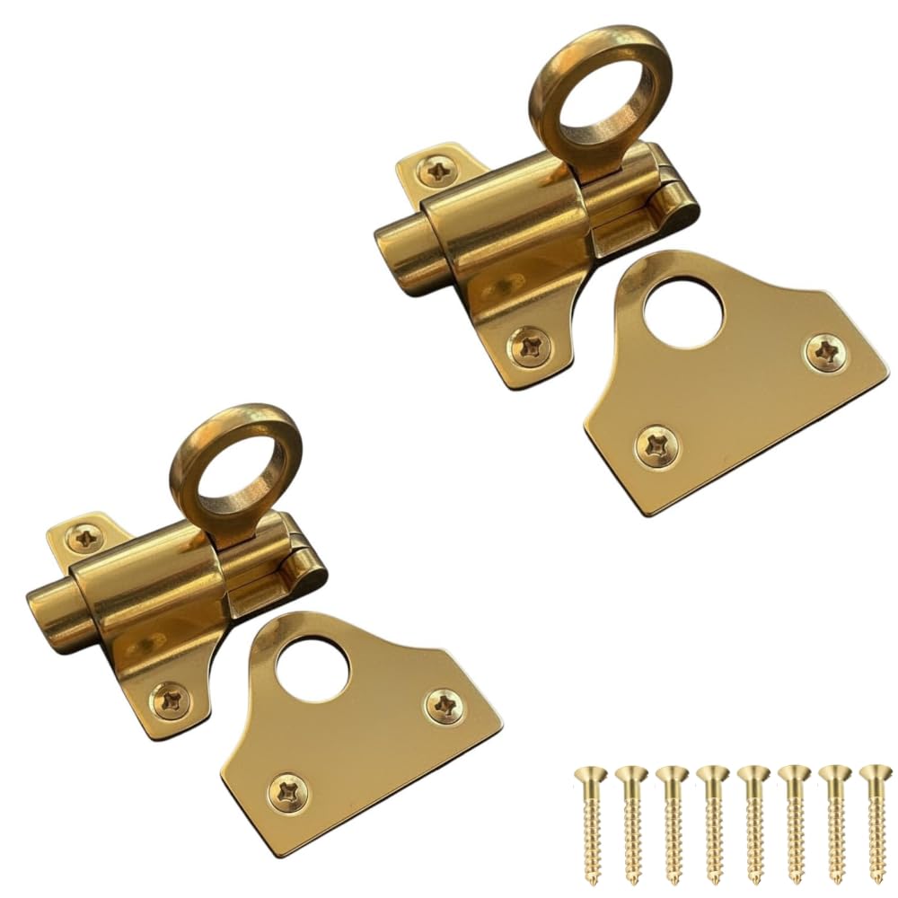 SISI UK Polished Brass Fanlight Window Catch 60mm Security Pull Ring Spring Bounce Door Bolt Latch Lock for Window Cupboard Cabinet Wardrobe Pack of 2
