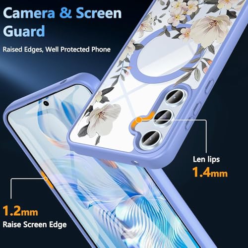 Image of VONZEE Compatible with Samsung Galaxy S25 FE 5G Case Luxury Retro Flowers Floral Clear for Magnetic Wireless Charging Case Shockproof PC+TPU Cute Glossy Shiny Cover for Girls Women, Off Blue