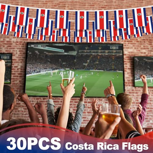Image of Costa Rica String Flag Pennant Banner, Small Mini the Republic of Costa Rica Flags Bunting Banner, National Country Decoration for School, Party, Sports Events, Patriotic Festival, 33 Feet 30 Flags