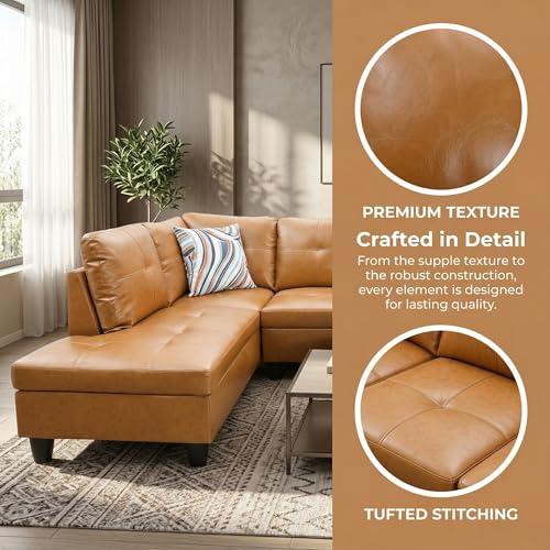 Image of L-Shaped Sectional Sofa, Modern 4-Seat Couch with Left Facing Chaise, Leather Sectional Couch for Living Room, Apartment, Office, Ginger