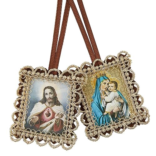 Brown Scapular Catholic Necklace Of Our Lady Of Mount Carmel - with Miraculous Medal Prayer Card, Lord's Prayer Card - Brown Catholic Scapular, Holy Cards Set - Escapularios Catolicos - 3 Items3