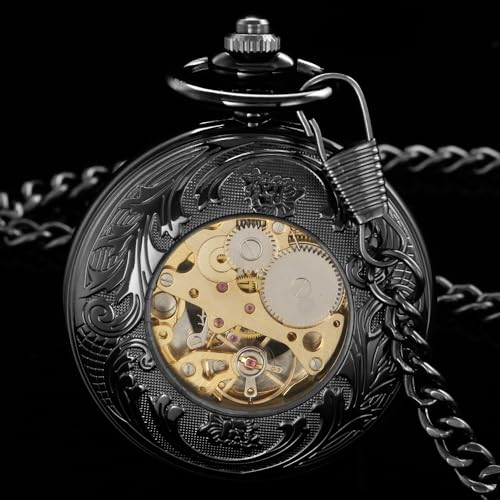 Image of Men's Mechanical Hollow Design Hand Wind Pocket Watch Roman Numerals Steampunk with Chain Box