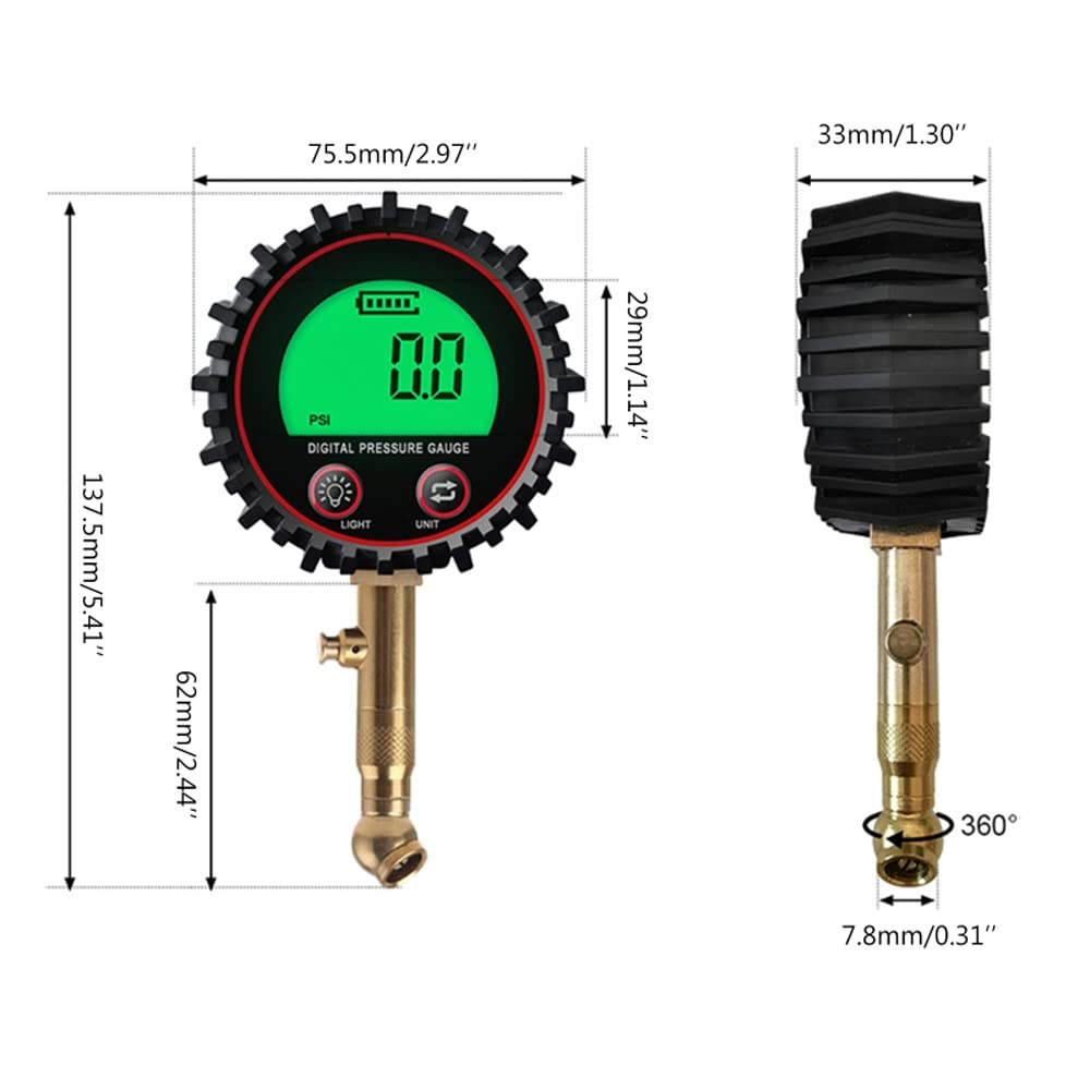 AGAATI Manómetro Digital para neumáticos, Mandril de Aire y Accesorios para compresores, Pantalla LCD, Foco LED Resistente, 255PSI