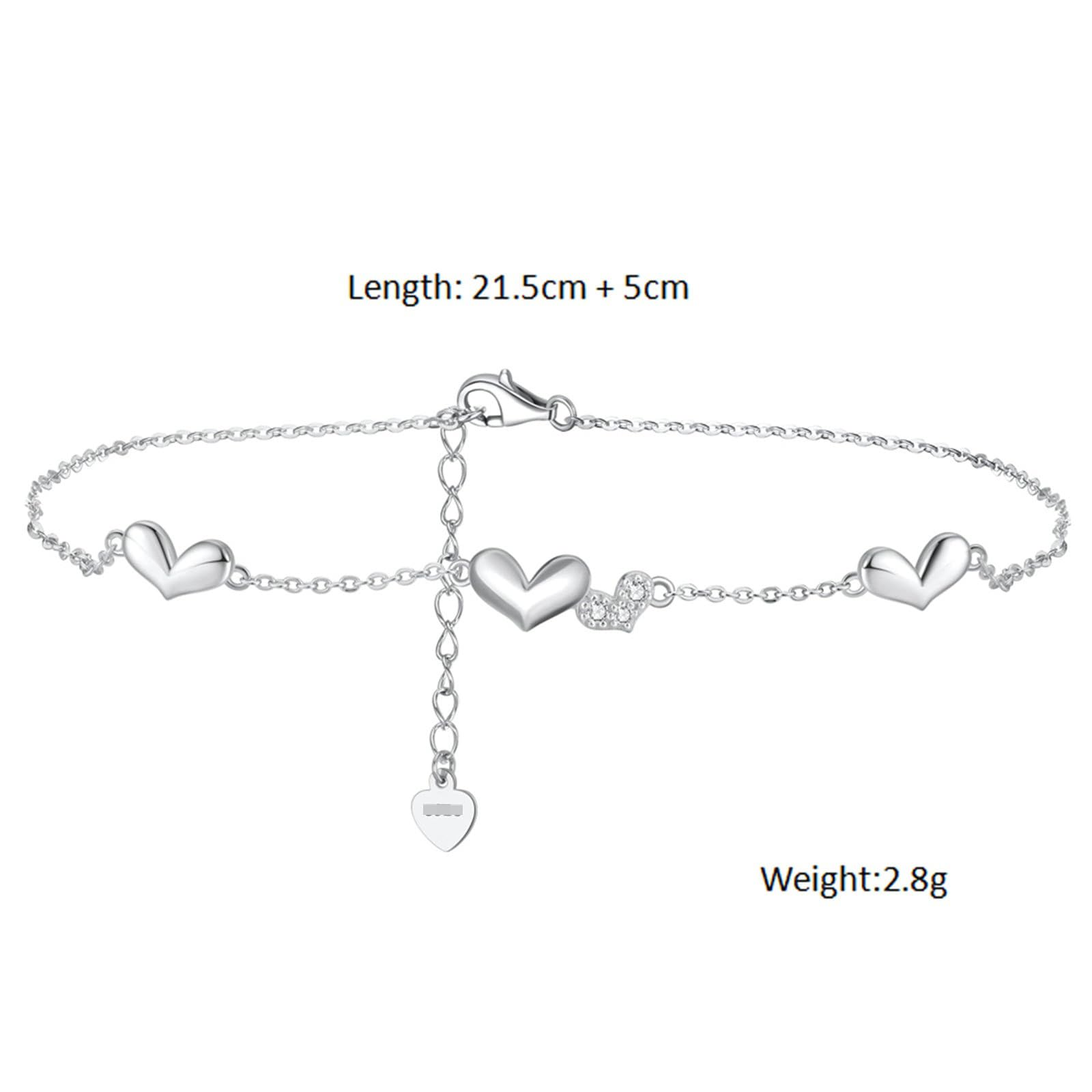 Tobillera de oro blanco Au585 de 14 quilates para mujer, oro 585 con corazón, tobilleras de verano, vacaciones para mujeres y niñas