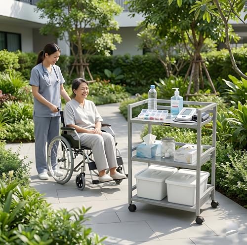 Image of Premium 3-Tier Hospital Trolley with 4 Wheels | Surgical Instrument & Equipment Cart for OT, Clinics & Hospitals (Silver)