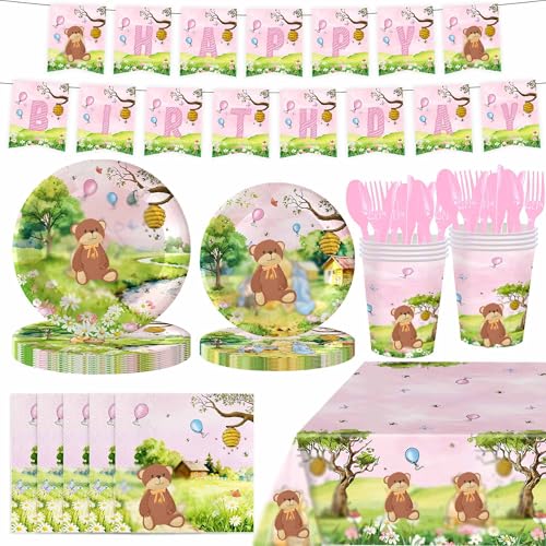 142 Pcs Classic Bear Birthday Decorations Birthday Party Tableware with Plates, Napkins,...