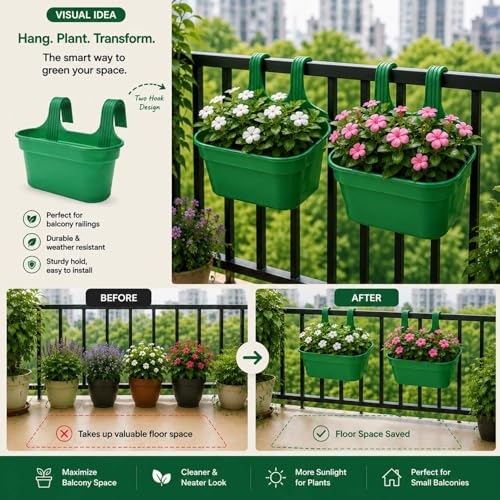 Image of Go Hooked 12 Inch Plastic Railing Hanging Planter Pot Set of 7 | Rectangular Flower Pots with Double Hook for Garden Fence Balcony Indoor Outdoor Home Decor | Durable Plant Container (Multicolor)