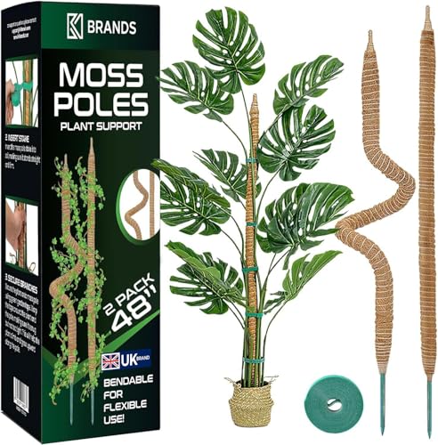 K-Brands Moss Pole (2 Pack, 122 cm/48 In/ 4 ft) - Bendable Monstera Plant Support - Cheese Plant Support Pole Sticks - Moss Poles for Climbing Plants - Plant Stakes Indoor with Ties