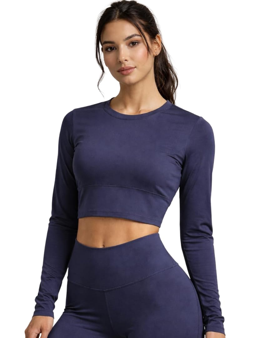 Women’s Seamless Blue Compression Crop Top | Long Sleeve Gym & Workout Shirt | Moisture-Wicking Activewear for Running, Training & Yoga-image-46