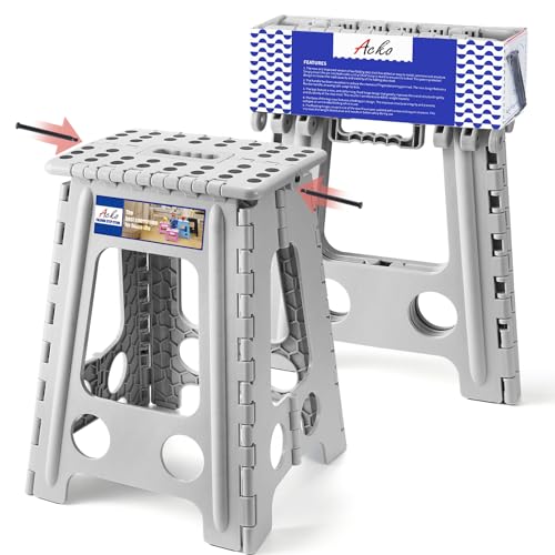 Image of ACKO Folding Step Stool Foldable 17.5 Inch 400 lbs Capacity, Plastic Stools for Adults and Kids, Collapsible Stools for Kitchen, Stepping Stool with Handle(Grey)