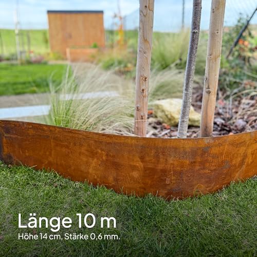 UNIGARDIA Rasenkante aus Cortenstahl 10 m - Beeteinfassung aus Metall 14 cm hoch - Einfache Montage - Beetumrandung mit Rost, 1 Paar Montagehandschuhe inklusive