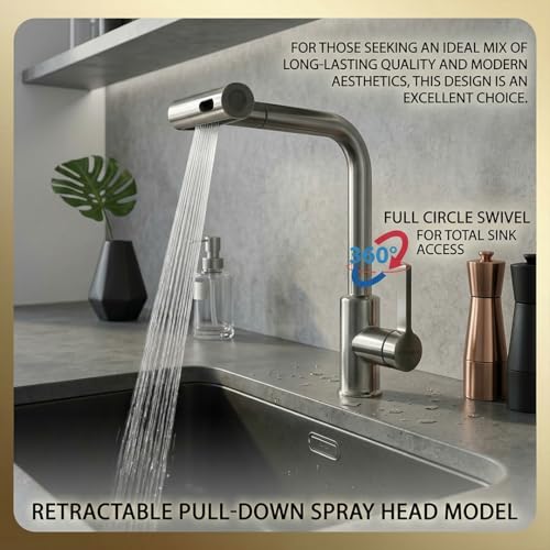 Image of EVANEX Kitchen Faucet | 304 Stainless Steel Pull Down Kitchen Faucet | Flexible Tap for Kitchen Sink | 360 Degree Rotating Tap | Deck Mounted Kitchen Sink Tap