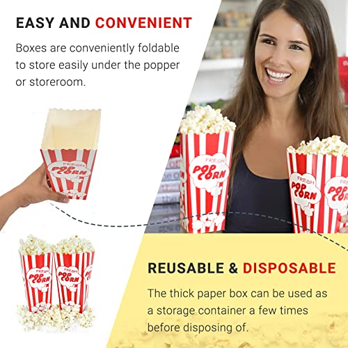 Image of 15 Movie Night Popcorn Paper Boxes Buckets 7.75 Inches Tall Large & Holds 46 Oz Old Fashion Vintage Retro Party Design Red & White Colored Nostalgic Carnival Stripes Bags & Tubs various qty avail