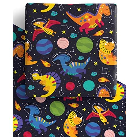 4 x Space Dinosaurs Eco Wrapping Paper Sheets 70cmx 50cm - Premium Recyclable Gift Wrap Sheets for Boys and Girls. Designed and Made in the UK from 100% Recycled Eco Friendly Paper Cover