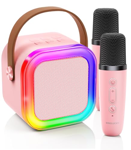 Kinglucky Mini Karaoke Machine for Kids – 2 Wireless Mics, Fun Voice Effects & Kid-Friendly Design (Pink)