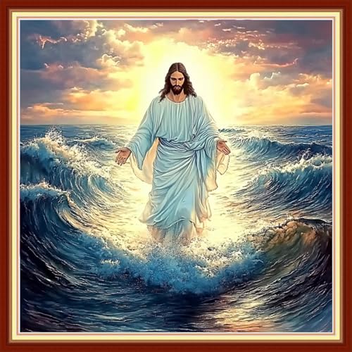 Image of Redxing Stamped Cross Stitch Kits Embroidery kit for Beginners Adults Full Range of Embroidery Patterns Starter Kits DIY Printed Cross Stitch Kits Needlepoint Kits 11CT-Jesus at Sea 18x18 inchs