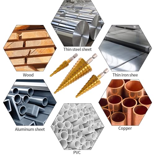 3 pcs HSS Step Bits, High Speed Steel Step Drill Bit Set (4-12mm, 4-20mm, 4-32 mm) Cone Drill Bits Hole Cutter,Cone Hole Cutter Drill Bits with Universal Hex Shank for Wood, Plastic and Sheet Metal 7 3 pcs HSS Step Bits, High Speed Steel Step Drill Bit Set (4-12mm, 4-20mm, 4-32 mm) Cone Drill Bits Hole Cutter,Cone Hole Cutter Drill Bits with Universal Hex Shank for Wood, Plastic and Sheet Metal - Image 7