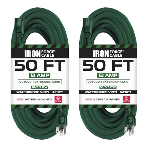 Iron Forge Cable 2 Pack Weatherproof 50 Ft Outdoor Extension Cord - 16/3 SJTW Heavy Duty Green Extension Cord 3 Prong - 13 Amp Exterior Power Cable
