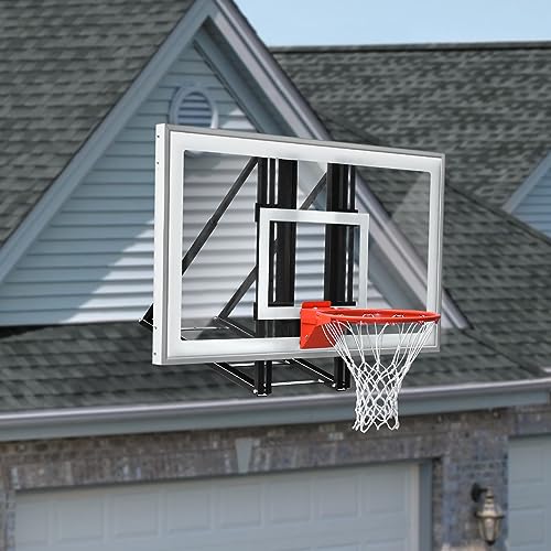 PROGOAL Basketball Hoop Garage Roof Mounted with 48x36 Tempered Glass Backboard Pro-Style Dual-Spring Breakaway Rim Durable Bracket and All Weather Net