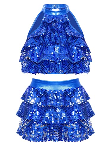 easyforever Girls Sleeveless Backless Shiny Sequins Tiered Crop Top with Skirt Latin Jazz Modern Performance Dancewear Royal Blue 7-8 Years