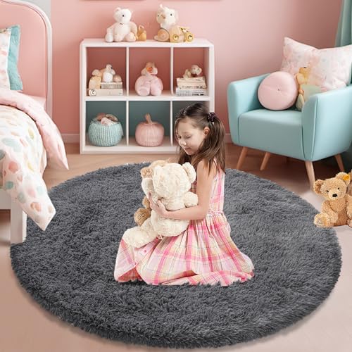 Fluffy Round Area Rugs for Bedroom,5'X5'Shag Circle Area Rugs for Living Room,Non Slip Fuzzy Plush Rug for Kids Room Boys Girls Room and Dorm,Deep Grey