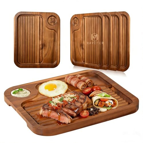 4 pcs Acacia Wood Steak Plates,Carnivore Cutting Board for Eating, Carved Meat Wooden Plate, Food Serving Tray,Cheese Charcuterie Boards with Deep Grooves & Hidden Handles