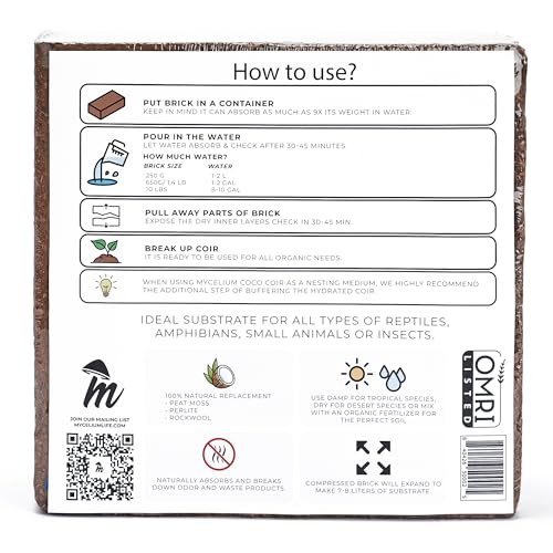 Mycelium Coco Coir Brick I Expandable Organic Coconut Fiber Substrate for Terrarium I Ideal for Reptiles Bedding, Nesting & Burrowing I OMRI Certified & Non-GMO Soil Alternative, 10lbs