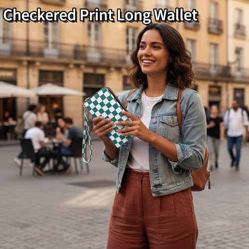 Image of Checkered Highland Cow Print Book Wallet For Women Skull Goth Frog Butterfly Ladies Cluth Wristlet Wrist Strap Long Purse Zip Around Card Holder