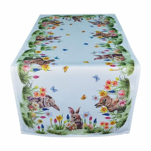 texpot Tischläufer 40 x 90 cm mit Druck Hase auf Blumenwiese Ostern Frühling