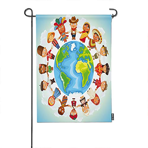 HGOD DESIGNS Earth Garden Flag,Cartoon Multicultural Character On Planet Earth Cultural Diversity Welcome Decorative Garden Flags Cotton Linen Waterproof for Garden Banner 12"X18"