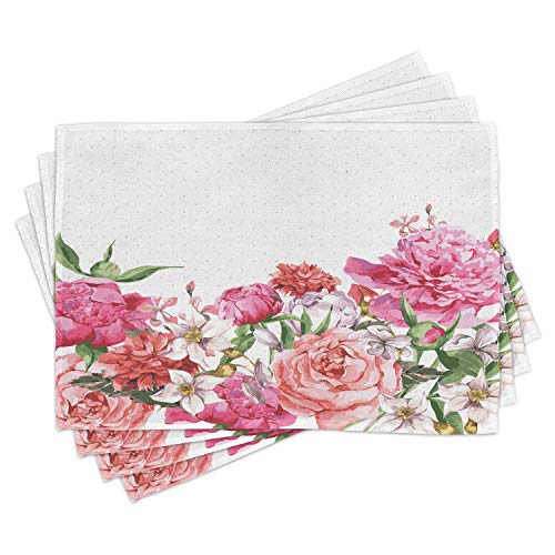 Lunarable Floral Place Mats Set of 4, Blooms Bouquet Botany Rose Peony Wild Lily Love Watercolor Art, Washable Fabric Placemats for Dining Room Kitchen Table Decor, Hunter Green Dark Coral Hot Pink