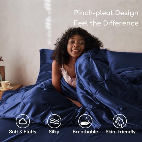 MR&HM Satin Comforter Twin 5 Pieces - Luxurious Pinch Pleat Bedding Set with Comforter, Flat Sheet, Fitted Sheet, Pillowcase & Sham, Super Silky Soft Bed Set for All Season (Twin, Navy Blue)