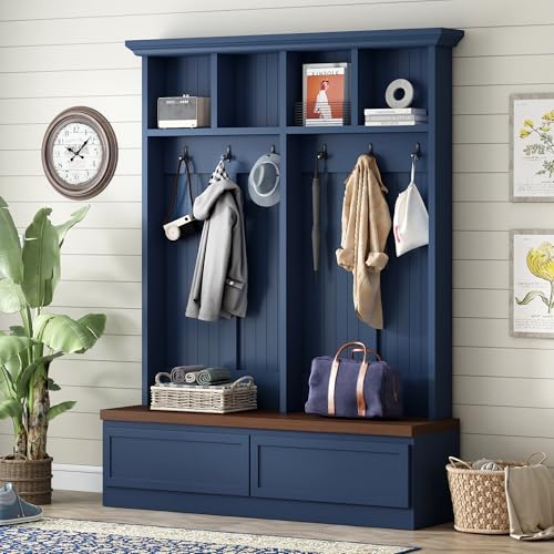 Merax Wood Hall Tree with 6 Hooks & Entryway Bench, Farmhouse Mudroom Versatile Coat Racks with 2 Large Drawers, Entrance Organizer for Hallway, Living Room Blue