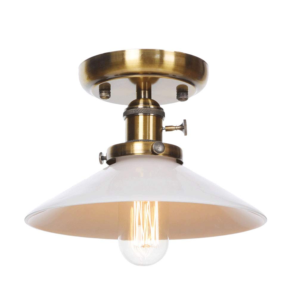 Vintage Milky Glass Slope Ceiling Light Fixture Industrial Retro Modern Semi Flush Mount Ceiling Lights Fixture E27 Wrought Iron 1 Light Ceiling Lamp AC110-240V (Color : Brass)
