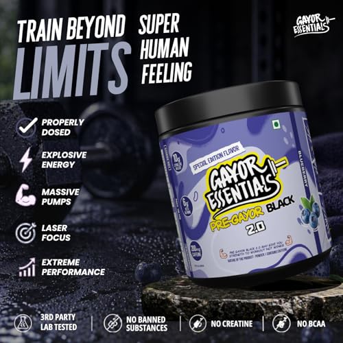 Image of Gayor Essentials Pre gayor black 2.0 Pre Workout High Stim Energy, Focus & Muscle Pump, 200mg Caffeine, 10g Citrulline Malate, 6g Beta Alanine, L-Theanine Performance Formula(Blueberry, 338g)