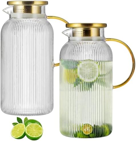 2 PACK Glass Pitcher with Lid, 68 oz/ 2 Liter Classic Vertical St...