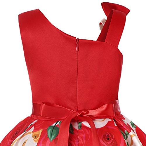 Teens Girls Graduation Dresses Kids Christmas Day Easter Gorgeous Floral Print Prom Dress Sleeveless (Red,110)