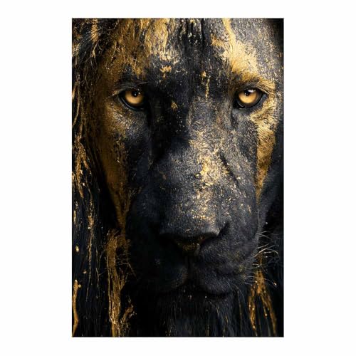 Peinture sur toile maison animaux lions dorés grand format 60x90cm cadre bois