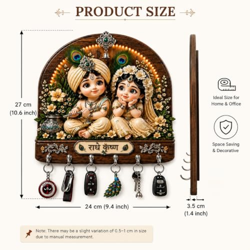 Image of CAPIO Art Radha Krishna Key Holder for Wall with 6 Hooks | Decorative Wooden Wall Mounted Key Hanger | Premium Resin Key Organizer for Home Entrance, Living Room, Office & Temple | 27 x 24 cm