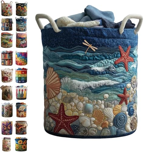 Image of Quilted Laundry Baskets with Handles, Large Floral Fabric Hampers, Extra Soft Boho Chic Storage Organizer for Nurseries, Collapsible Clothes Bins, Portable Bedroom Washing Container