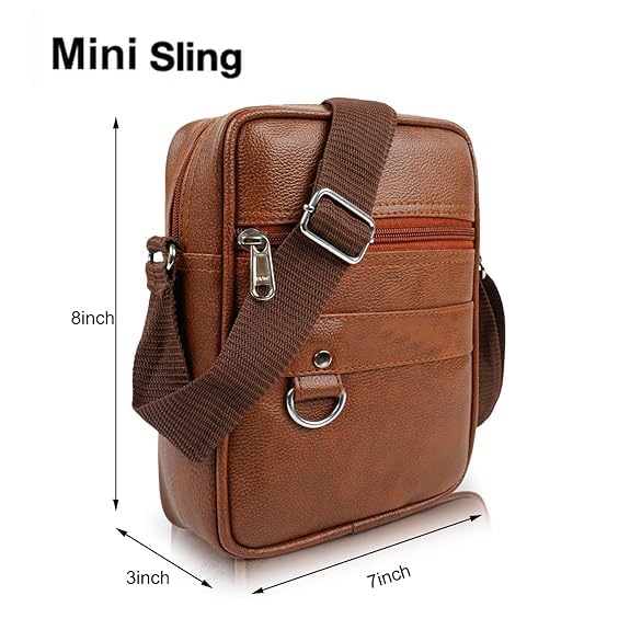 Image of Leather Mens Sling Bag Small Size for Travel, Crossbody Shoulder Bag for Men, Compact Chest Bag with Adjustable Strap, Stylish Mini Side Bag for Daily Use, Office & Outdoor (Royal Brown, Medium)