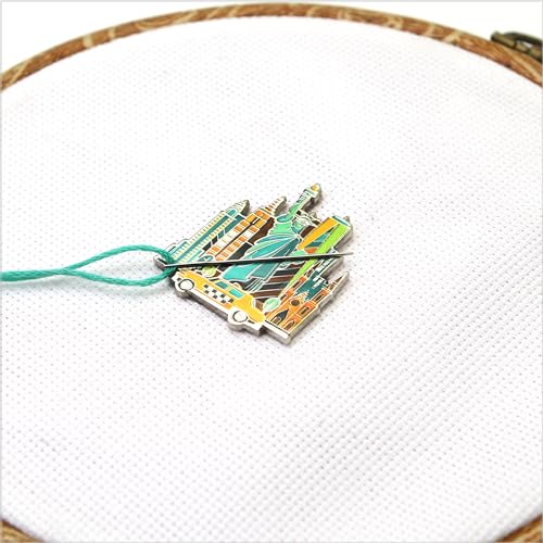 Image of Awesome Pattern Studio Needle Minder Set - New York Magnetic Needle Minder + 2 Needle Threaders + Crane Scissors. Enamel Pin for Cross Stitch, Embroidery and Craft