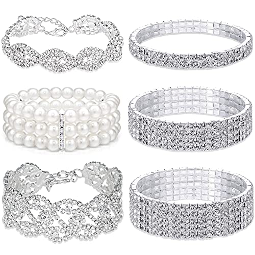 EIELO 6 Pcs Rhinestone Stretch Bracelet for Women Sparkly Clear Crystal Wedding Bridal Bridesmaid Stretch Bracelet Jewelry Stackable Elastic Pearl Multilayer Strand Link Tennis Bracelets Set