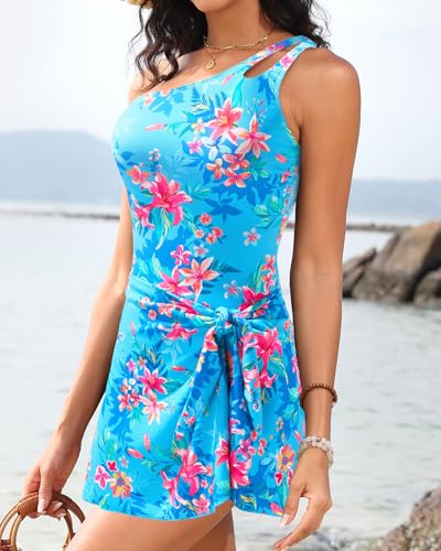 Image of Daci One Piece Swimsuit with Skirt Tummy Control One Shoulder Swim Dress | Skirted Bottom,Adjustable Shoulder Straps