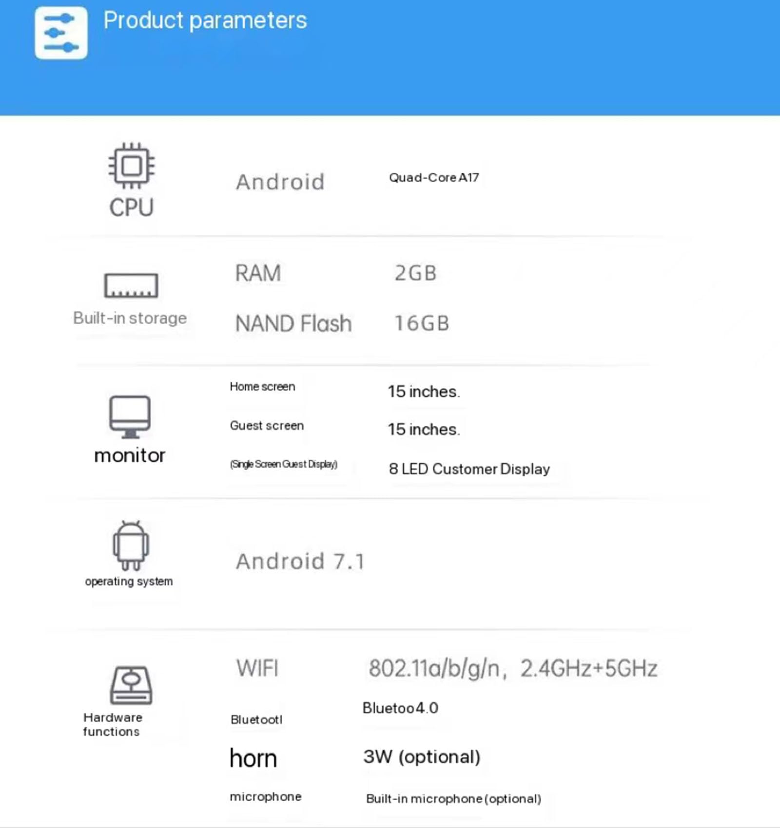 Caisse enregistreuse d'ordinateur à Double écran Android 7.1, équipement pour magasins de détail, écran Tactile 15 Pouces (Blanc)
