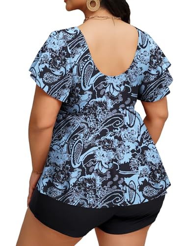 LIENRIDY Women's Plus Size Swimsuits Ruffled Sleeve Tummy Control Swimwear Two Piece Bathing Suits4