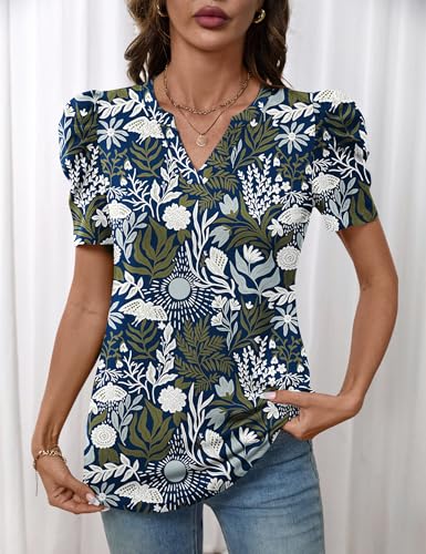 Image of LOMON Spring Summer Tops for Women 2026 V Neck Puff Short Sleeve Tops Fashion Trendy Work Blouses Dressy Casual S-XXL