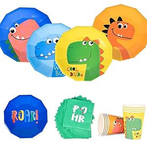 68 Piezas Juego Vajilla Fiesta, Platos Cumpleaños Vajilla Fiesta, Platos Fiesta Tazas y Servilletas, Platos Cumpleaños Niño, Vajilla de Fiesta de Dinosaurio, para Fiestas Temáticas(16 Invitados)