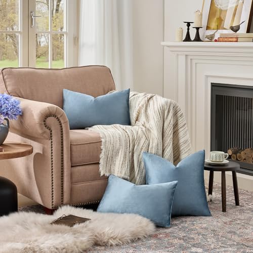Image of GIGIZAZA Stone Blue 12x20 Velvet Decorative Lumbar Throw Pillow Covers for Sofa Bed 2 Pack Soft Cushion Cover