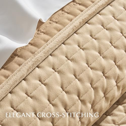 Evergrace Luxury Velvet Quilt Set King Size 3 Piece, Soft Oversized Cross-Stitch Velvet Comforter Set With Pillow Shams, Lightweight Velvet Coverlet Bedspread Bedding Set For All Seasons, Camel thumb #3